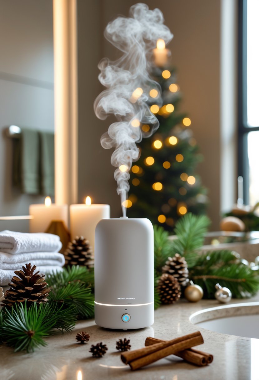 A holiday scent diffuser on a bathroom countertop surrounded by cinnamon sticks, pine branches, and festive decorations.