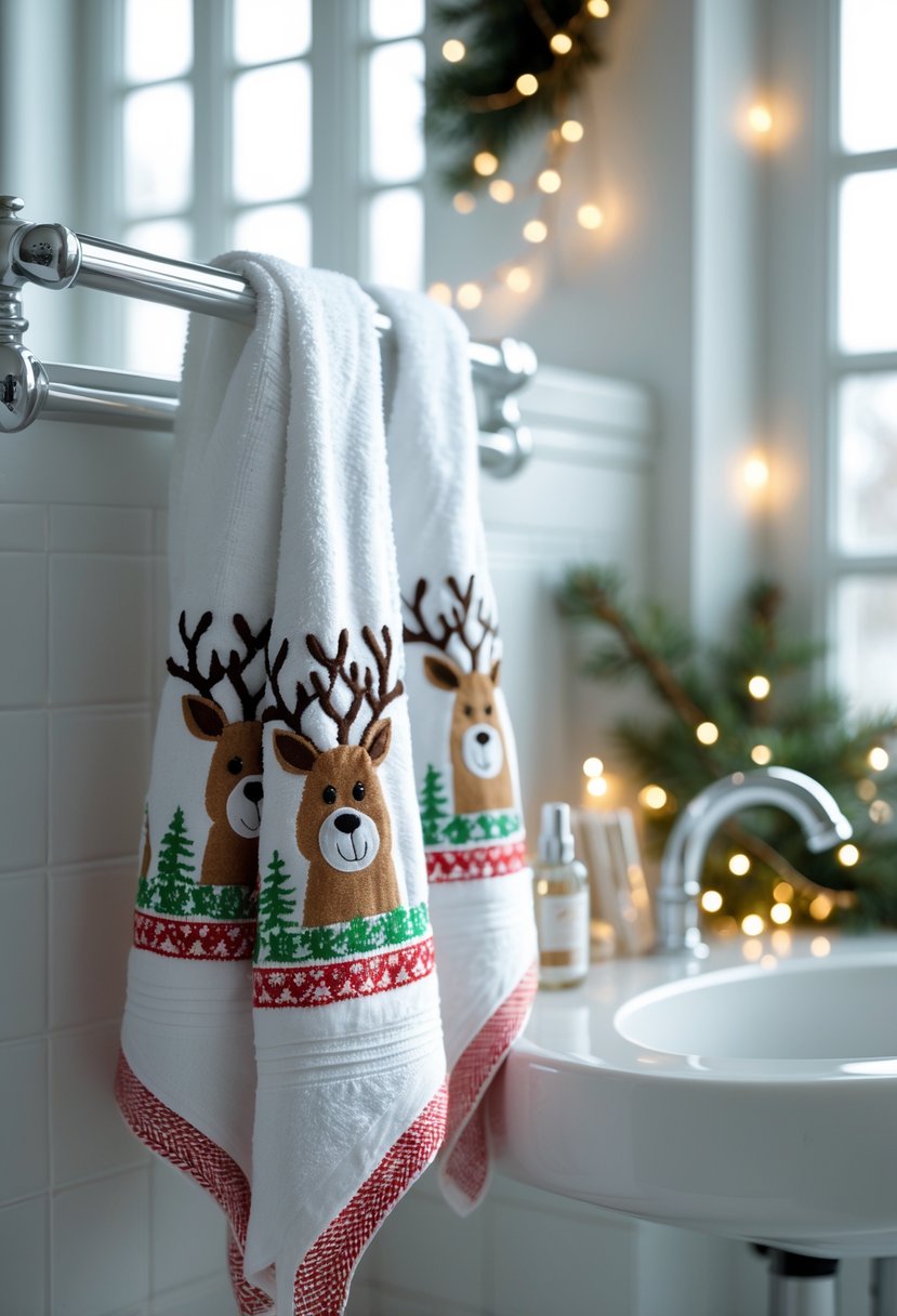 Hand towels embroidered with reindeer hanging in a bathroom decorated for Christmas with pine branches and ornaments.