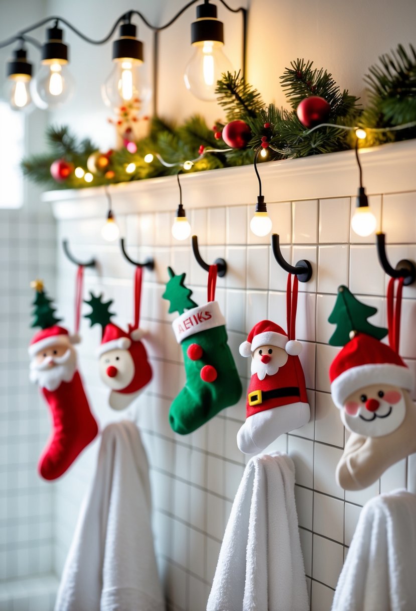 A bathroom wall with 15 Christmas stocking hooks holding towels, decorated with festive holiday designs and surrounded by subtle Christmas decorations.