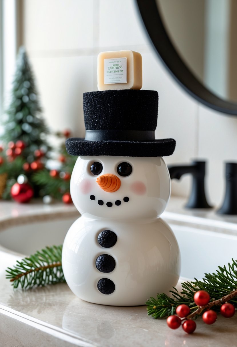Bathroom countertop with a snowman-shaped soap dish and Christmas decorations near a sink.