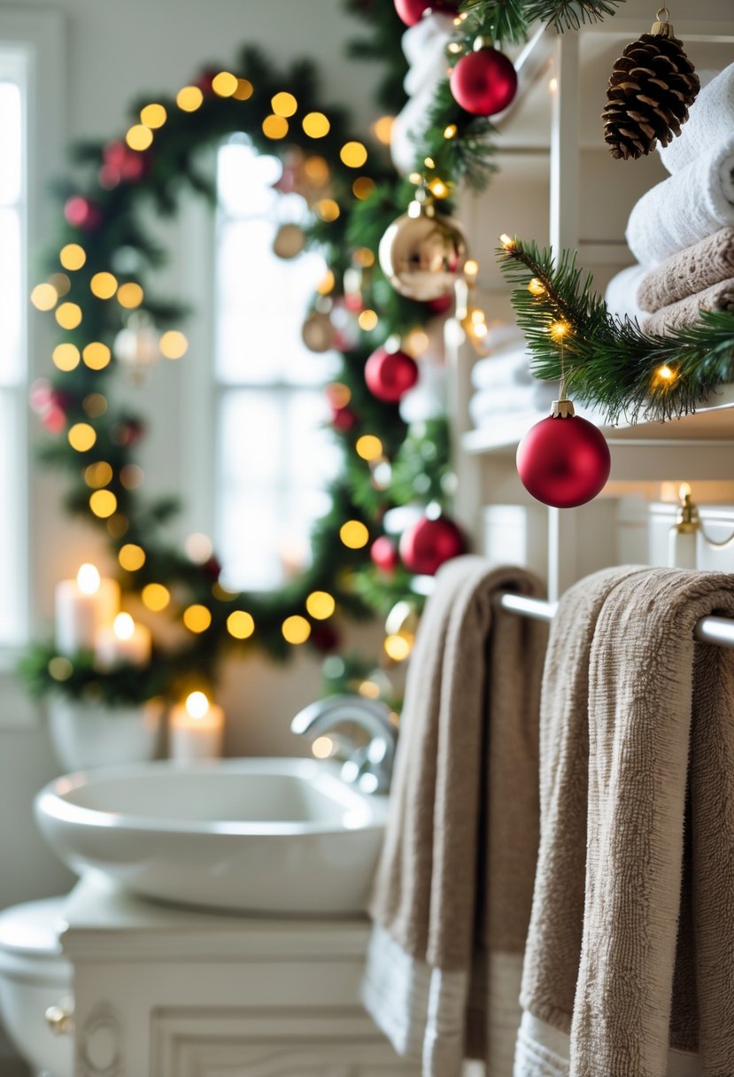 Bathroom with towel racks decorated with colorful Christmas ornament garlands and holiday decorations.