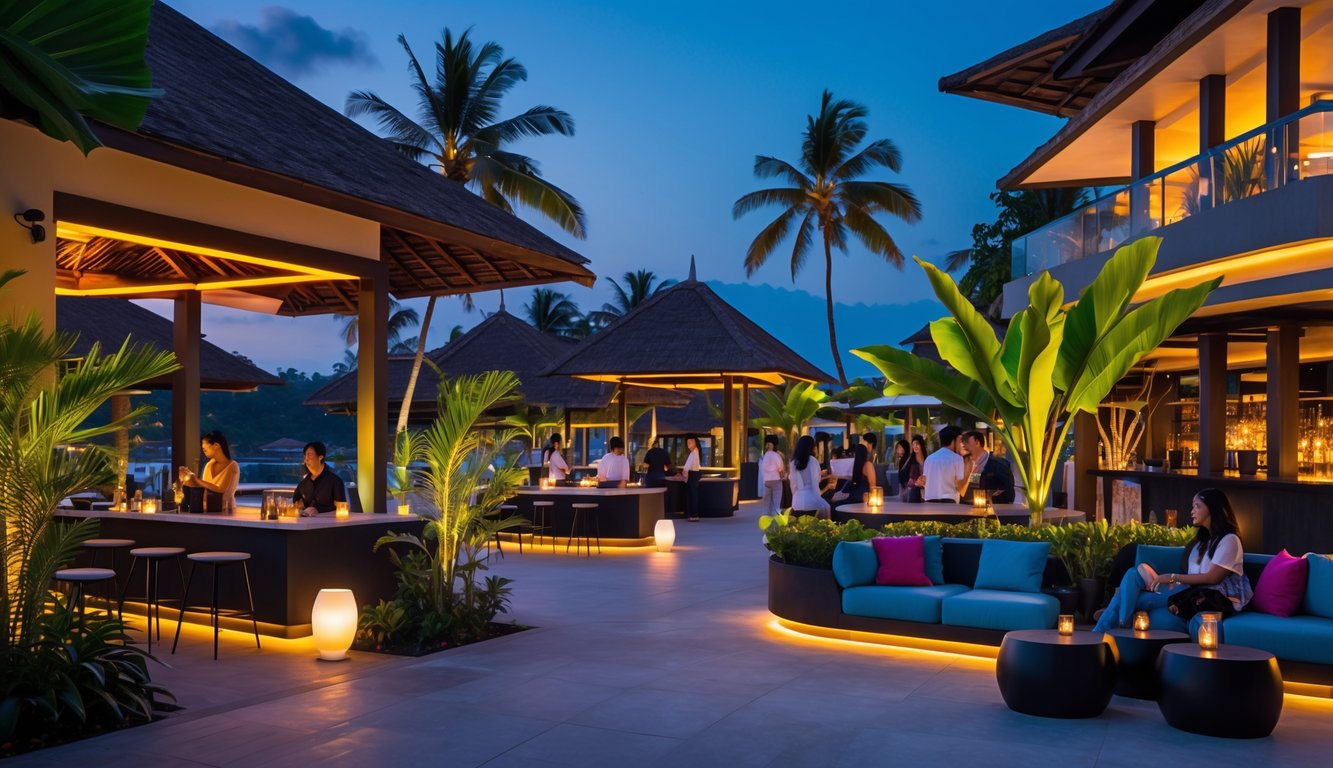 Tempat hiburan malam unik di Bali dengan bar outdoor, lampu hangat, tanaman tropis, dan orang-orang yang sedang bersosialisasi.