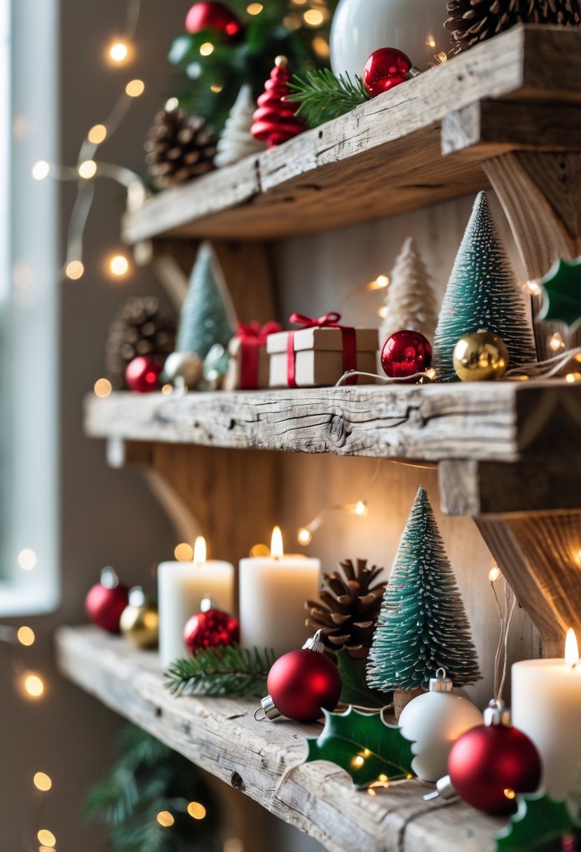 Rustic wooden shelves decorated with small Christmas ornaments, pine cones, candles, and festive lights.