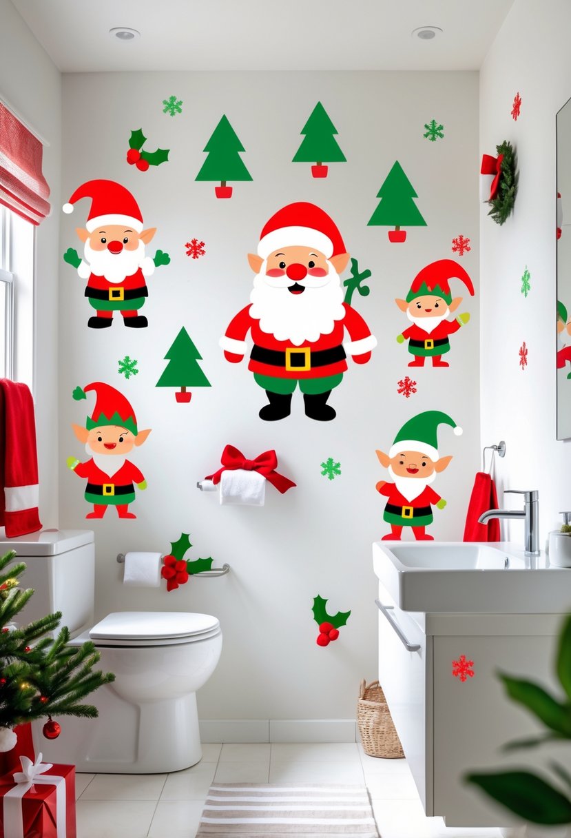 A bathroom decorated with Santa Claus and elf wall decals, featuring a sink and mirror with festive holiday decorations.