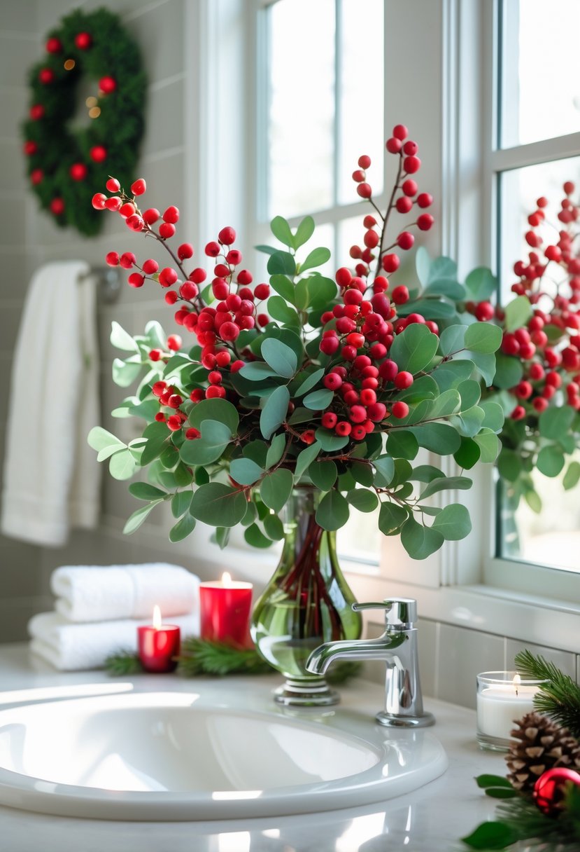 A vase with red berries and eucalyptus leaves on a bathroom countertop surrounded by holiday decorations.