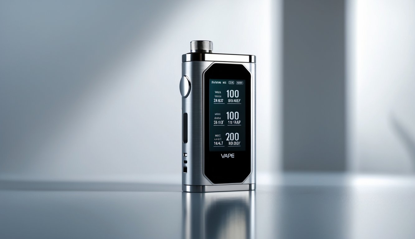 Mod vape terbaru dengan layar watt tinggi diletakkan di atas permukaan reflektif dengan latar belakang minimalis.