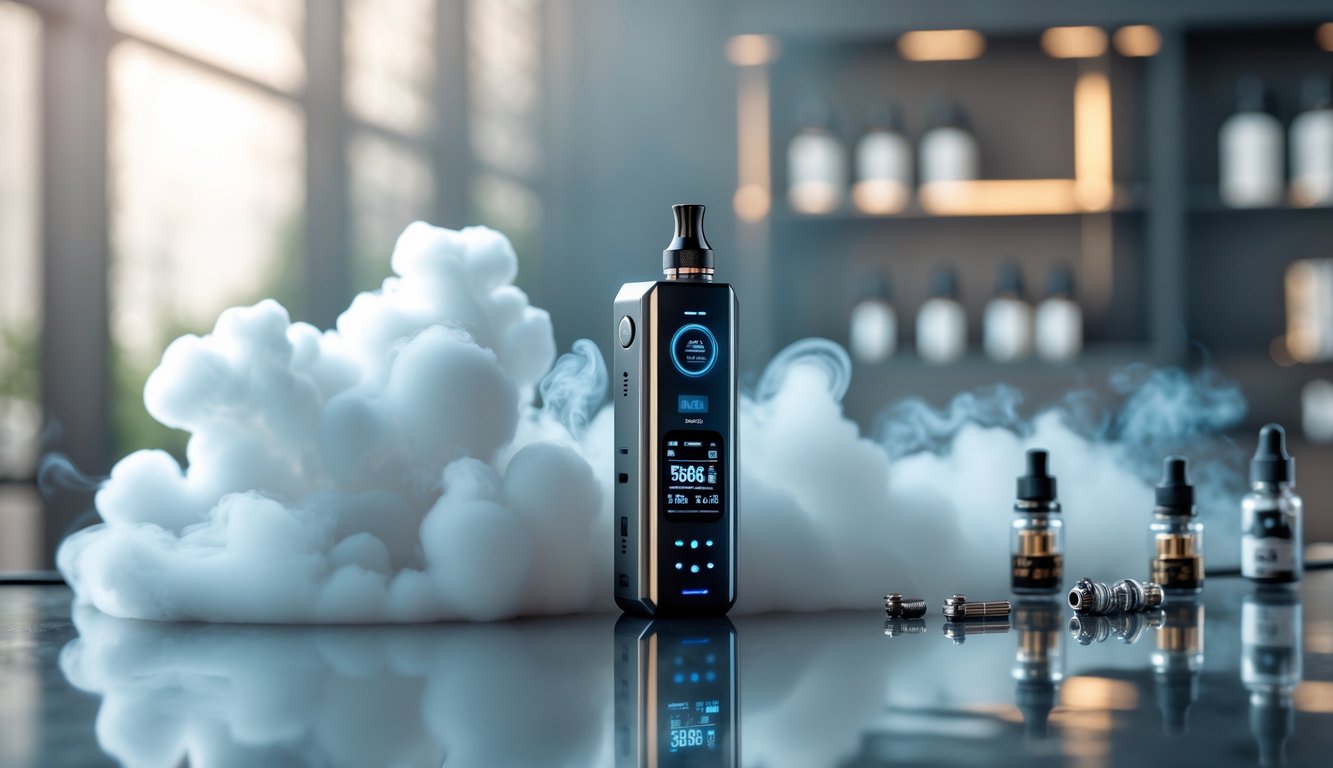 Mod vape modern dengan uap tebal di atas permukaan reflektif dalam ruangan.