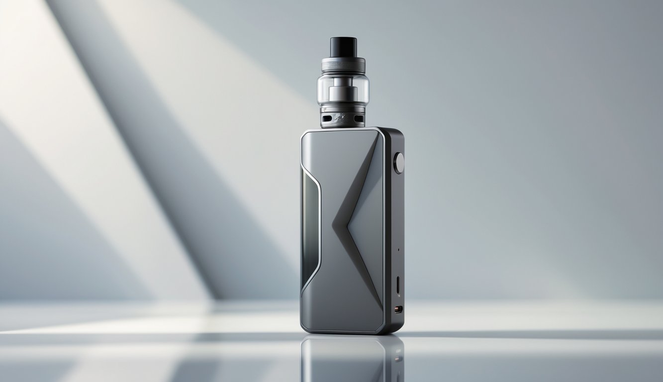 Mod vape terbaru dengan desain minimalis modern yang diletakkan di atas permukaan reflektif dengan latar belakang bersih.
