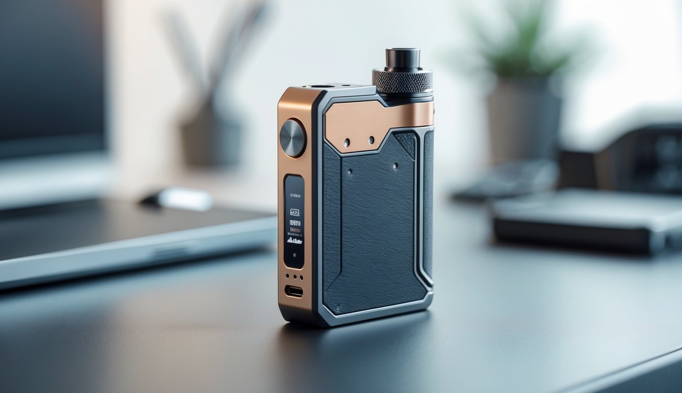 Perangkat vape mod terbaru dengan desain premium diletakkan di atas permukaan modern yang bersih dan rapi.