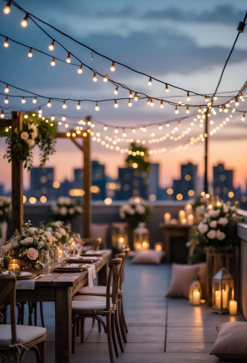 Rooftop wedding decorated with twinkling fairy lights hanging across cables and elegant floral arrangements under a twilight sky.