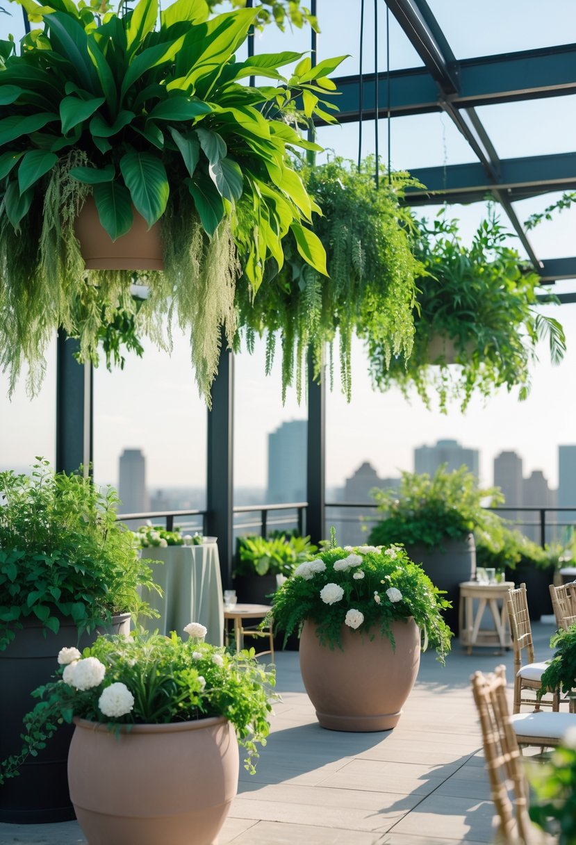 Rooftop wedding decorated with lush potted plants and hanging greenery under a clear sky with a cityscape in the background.