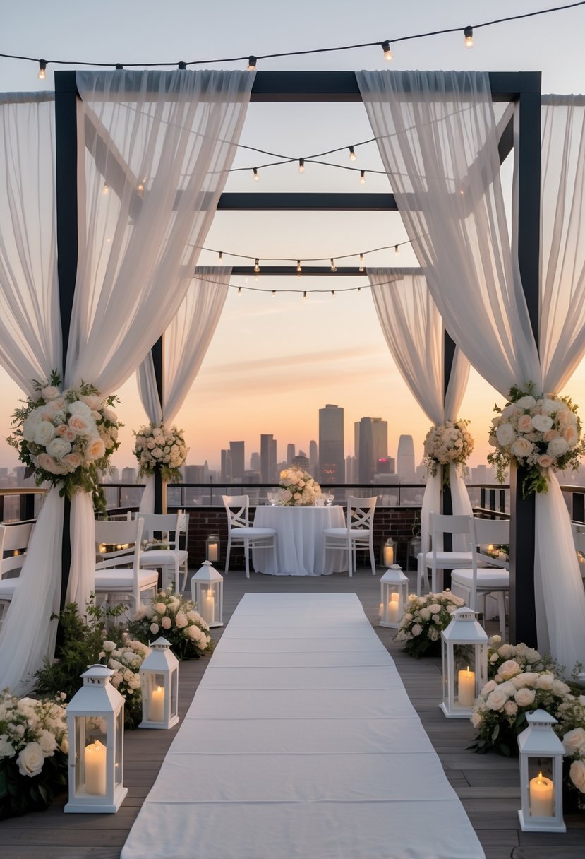 Rooftop wedding setup with sheer white drapes framing the area, decorated with flowers, string lights, chairs, tables, and lanterns against a city skyline at sunset.