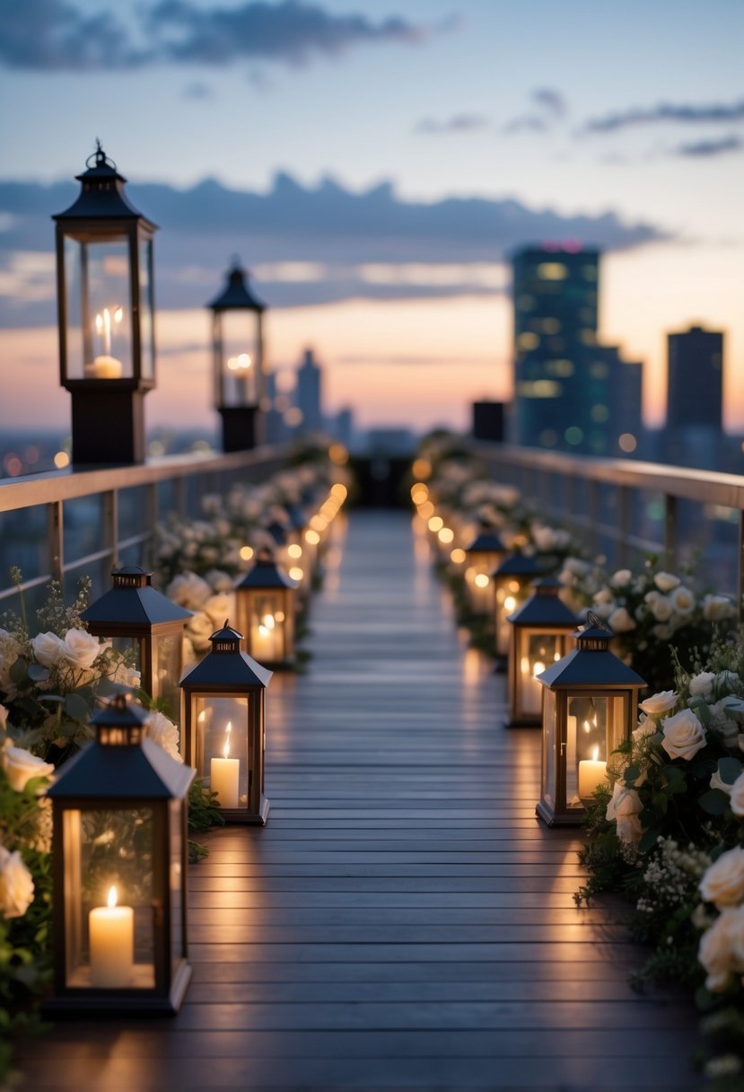 Walkway on a rooftop decorated with glowing vintage lanterns and floral arrangements at dusk.