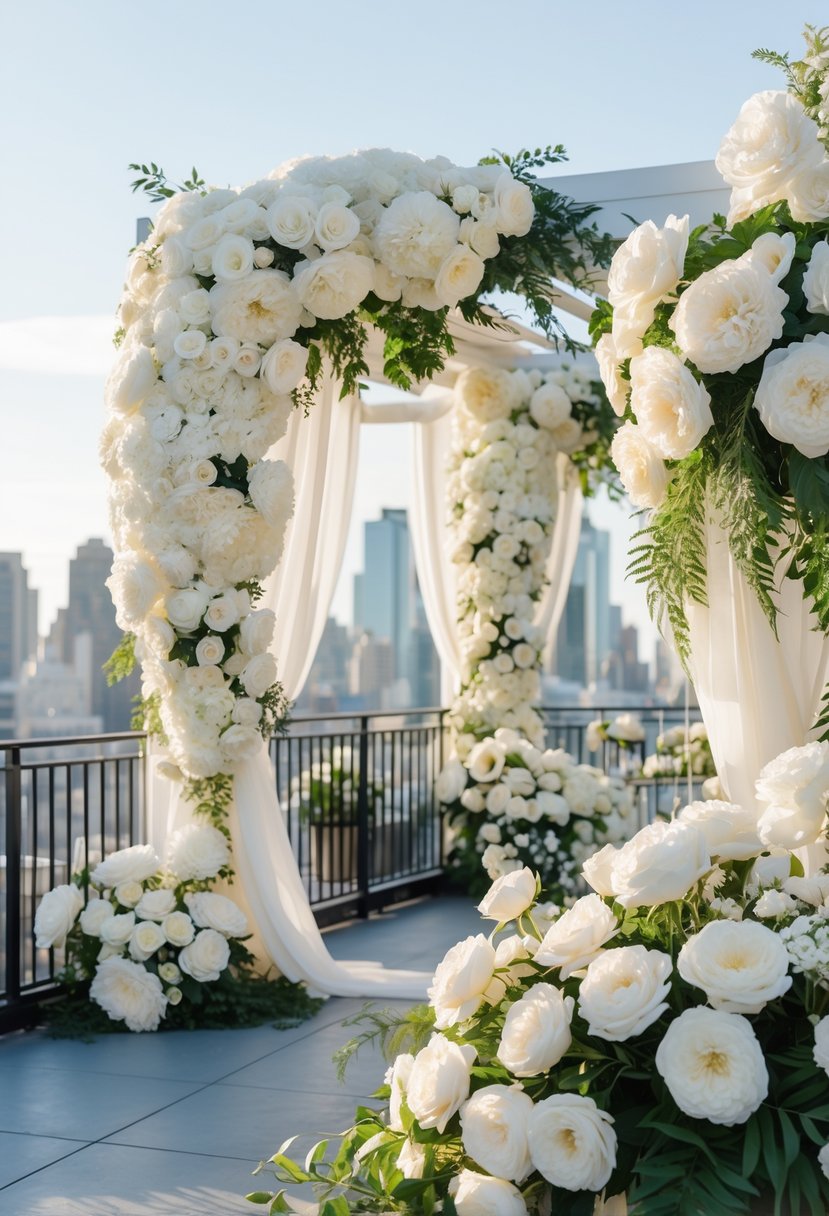 Rooftop wedding decorated with white roses and peonies arranged in large floral installations overlooking a city skyline.