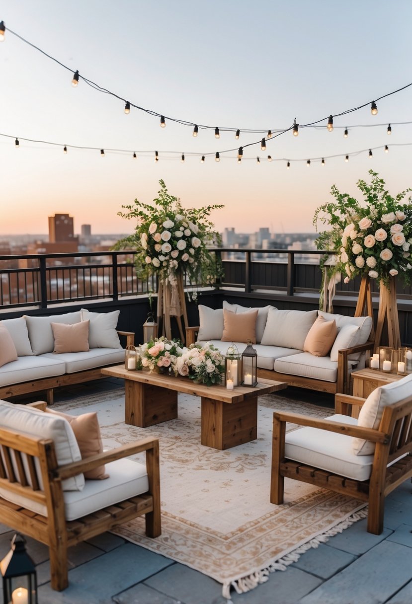 Rooftop wedding setup with wooden furniture and cushions, decorated with flowers and lights under a clear sky.