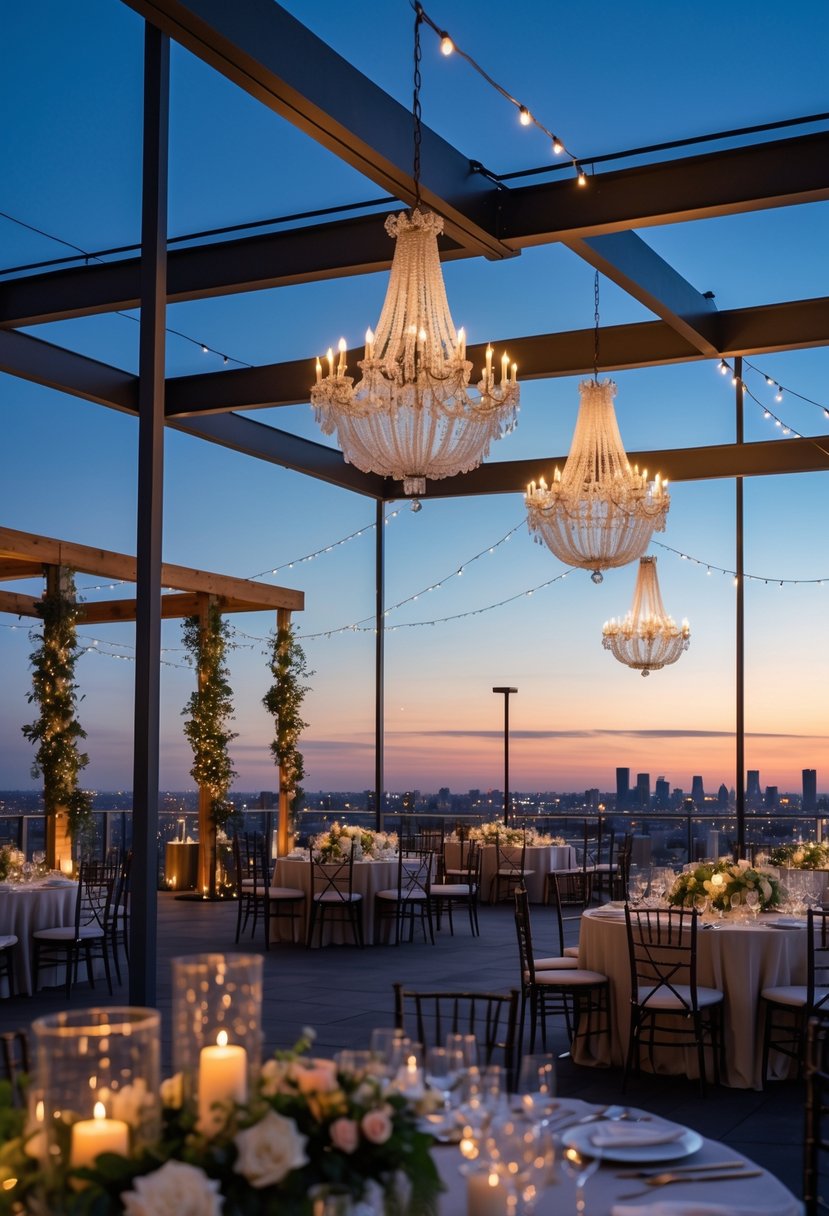 Rooftop wedding setup with chandeliers hanging from overhead structures, floral decorations, and a city skyline in the background at dusk.