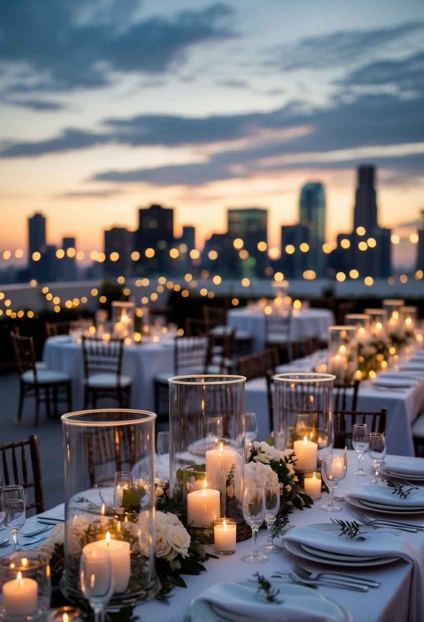 Rooftop wedding tables with glass hurricane candles and floral decorations at dusk overlooking a city skyline.