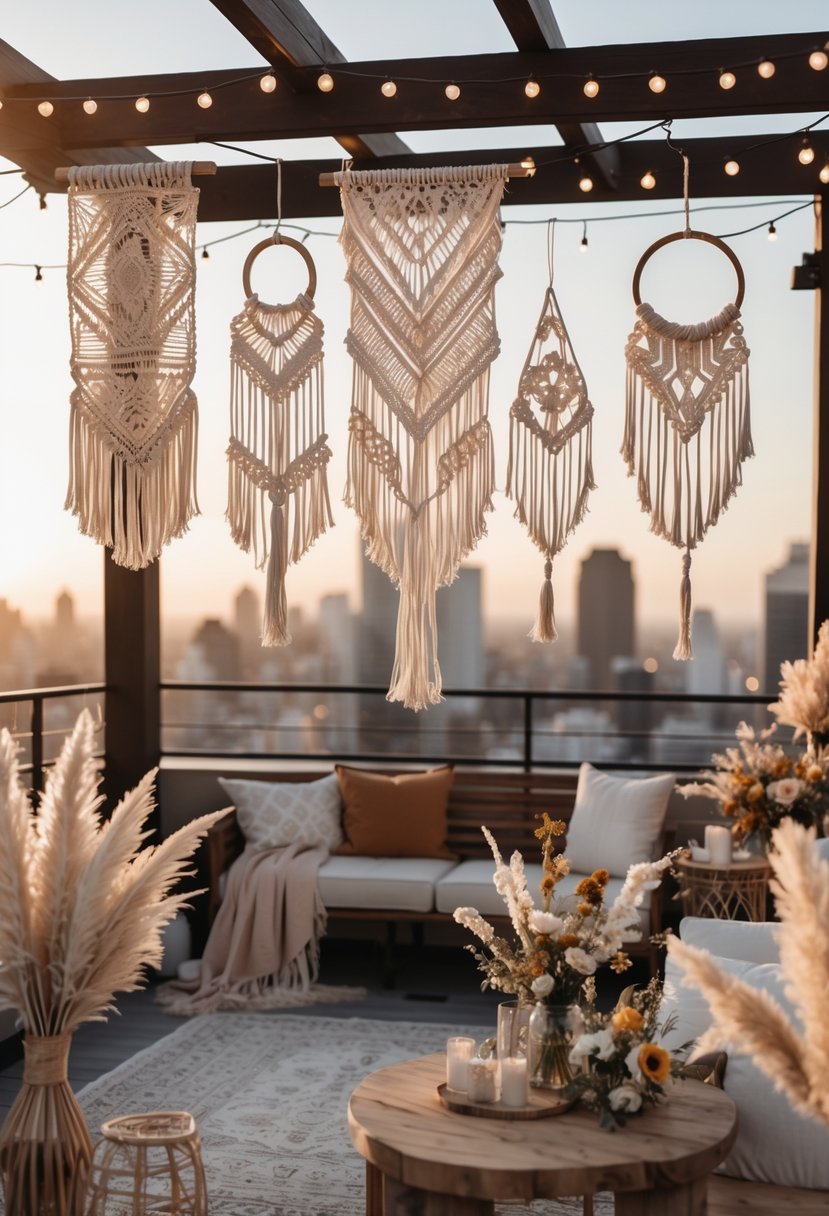 Rooftop wedding decorated with hanging macramé pieces and natural floral accents overlooking a city skyline.