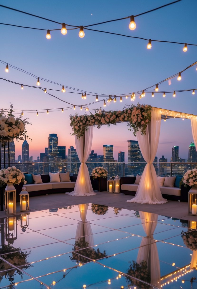 Rooftop wedding setup with a mirrored dance floor reflecting city lights and elegant wedding decorations at dusk.
