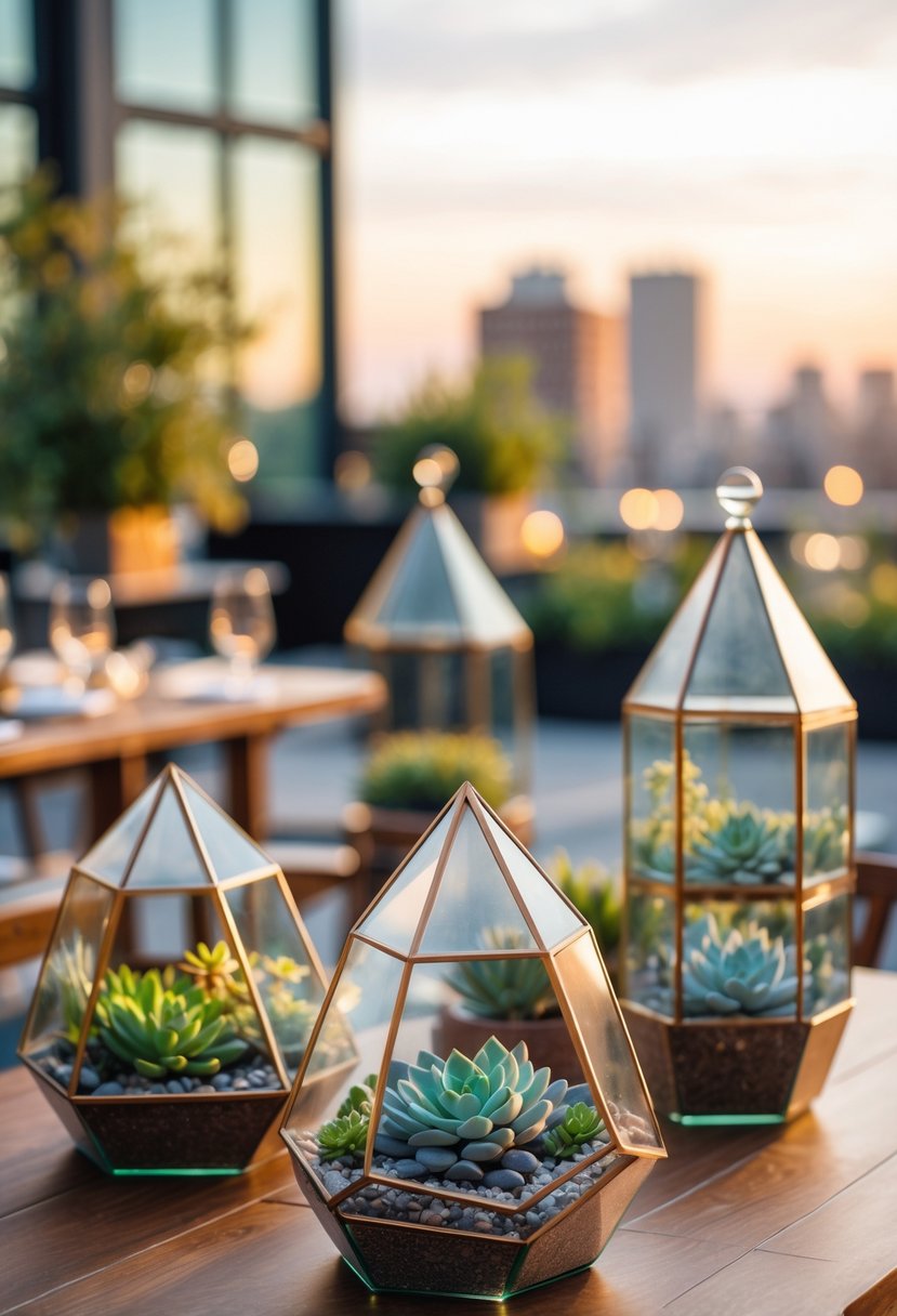 Geometric glass terrariums filled with succulents arranged on a rooftop table with a cityscape in the background.
