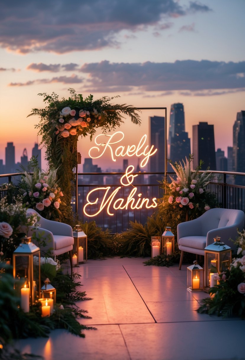 A rooftop wedding setup at sunset with glowing neon signs, floral decorations, candles, and a city skyline in the background.