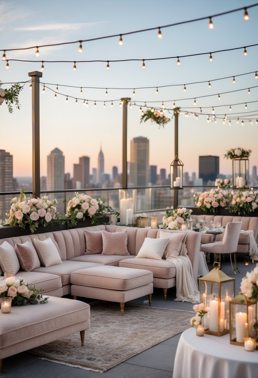 Rooftop wedding setup with comfortable upholstered sofas and chairs arranged in cozy seating areas, decorated with flowers and soft lighting, overlooking a city skyline.