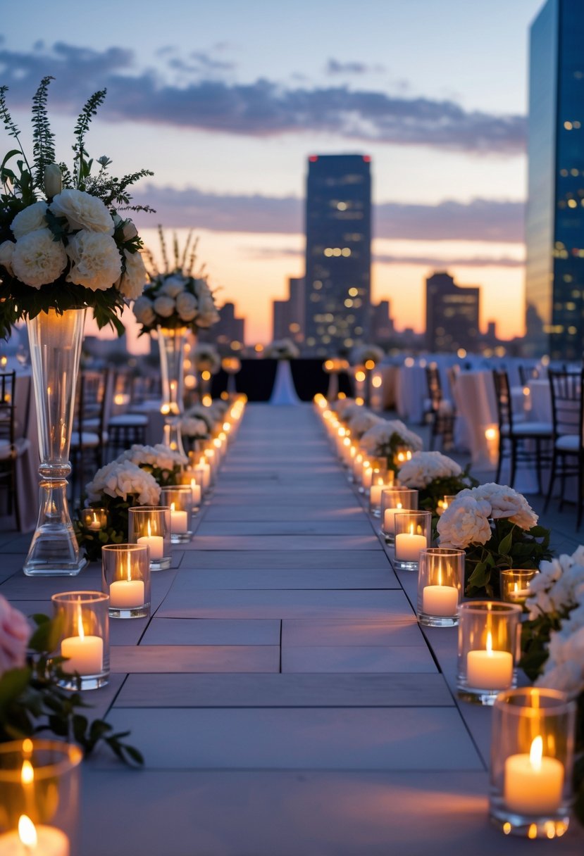 A rooftop wedding at dusk with illuminated pathways lined with LED candles and city skyline in the background.