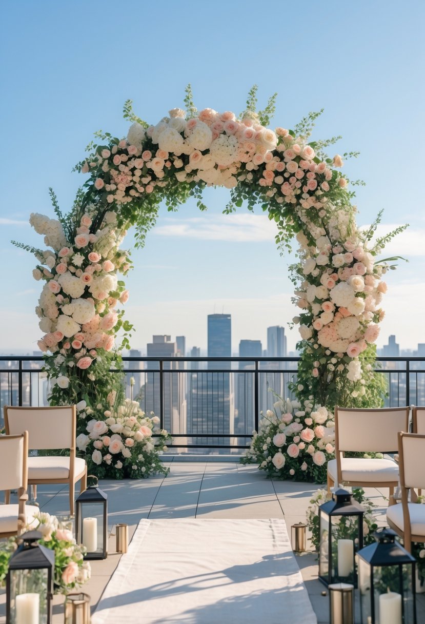 A floral arch decorated with flowers on a rooftop with a city skyline in the background, set up for a wedding ceremony.