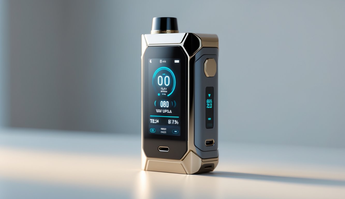 Mod vape terbaru dengan layar digital canggih diletakkan di atas permukaan bersih dengan latar belakang buram.
