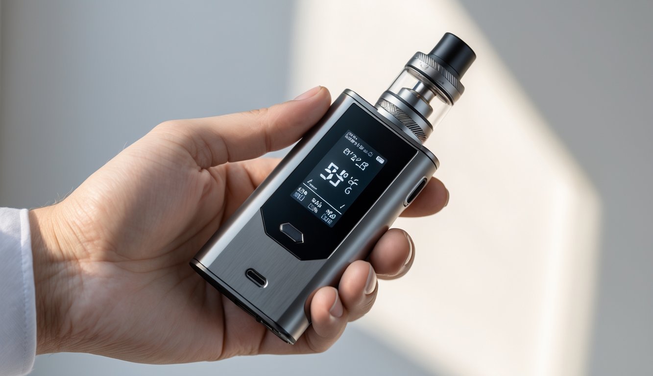 Sebuah perangkat vape mod terbaru dengan kontrol suhu akurat yang dipegang oleh tangan di latar belakang minimalis.