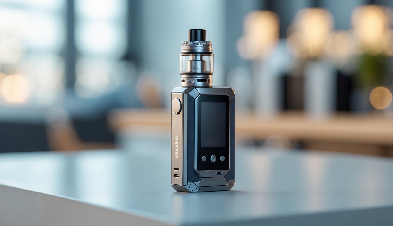 Mod vape terbaru dari brand populer internasional diletakkan di atas permukaan bersih dengan latar belakang kabur.