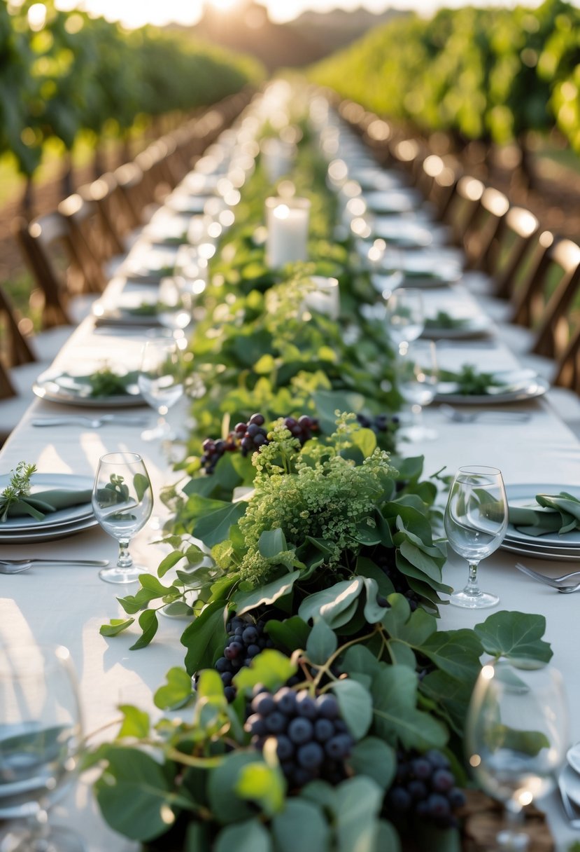 A wedding reception table decorated with green foliage runners and vineyard-inspired accents, set outdoors with grapevines in the background.