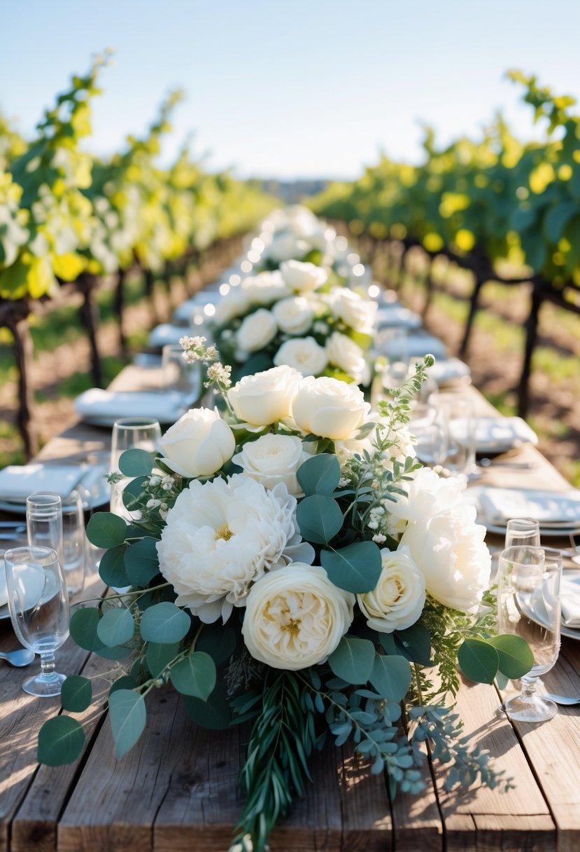 White flower centerpieces with eucalyptus on a wooden table set outdoors in a vineyard with grapevines in the background.