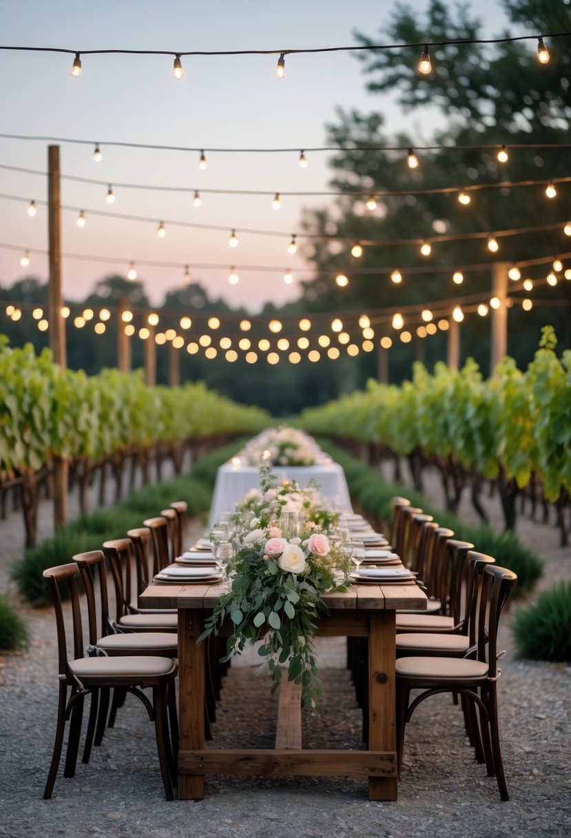 Outdoor vineyard wedding seating area with wooden tables and chairs under glowing string lights surrounded by grapevines at sunset.