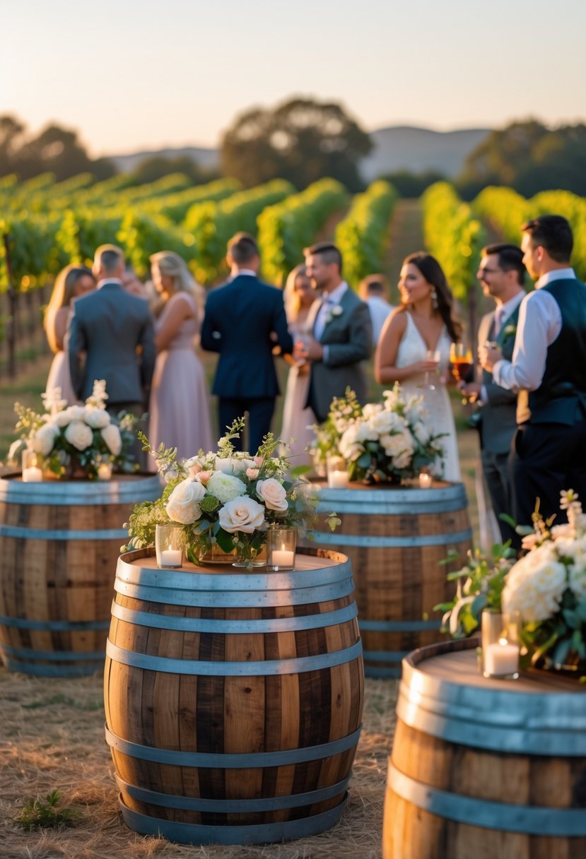 Outdoor vineyard wedding scene with wine barrel cocktail tables decorated with flowers and candles, surrounded by guests enjoying the event.