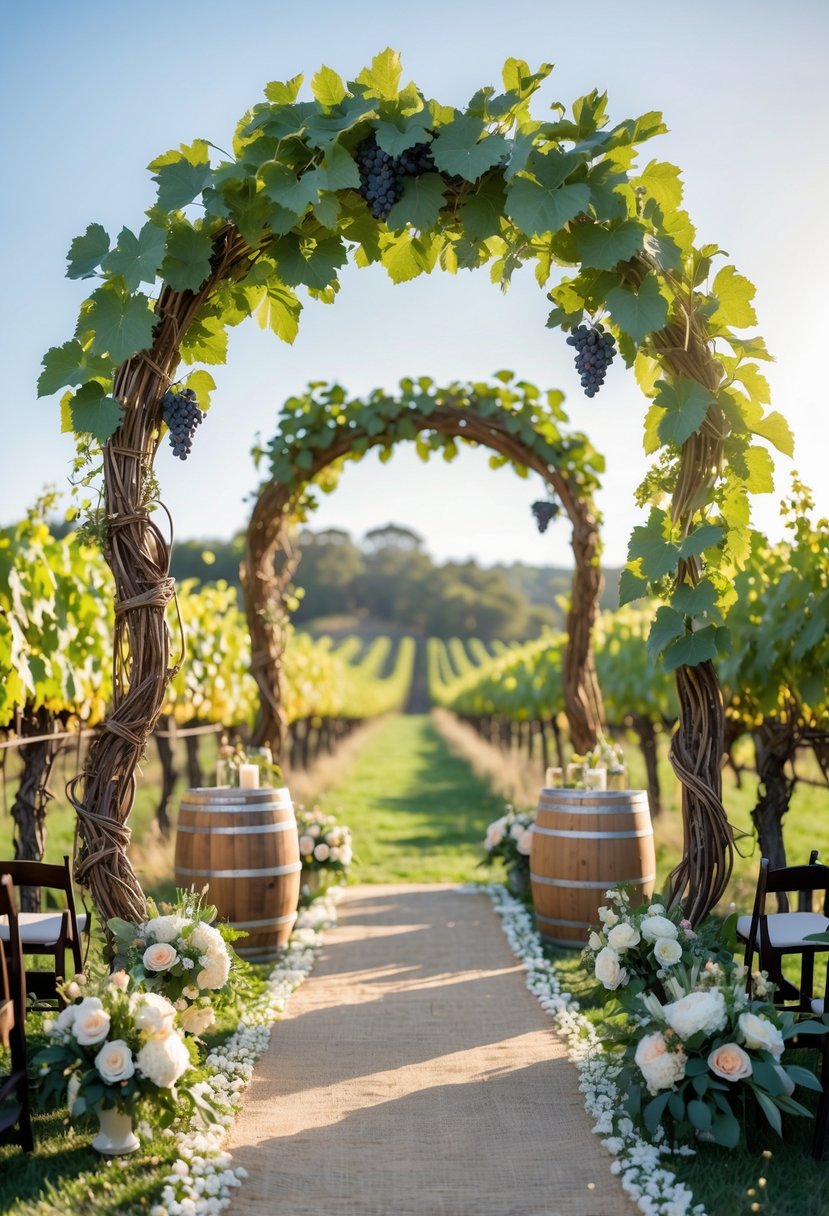 Wedding altar with grapevine arches and vineyard rows in the background.