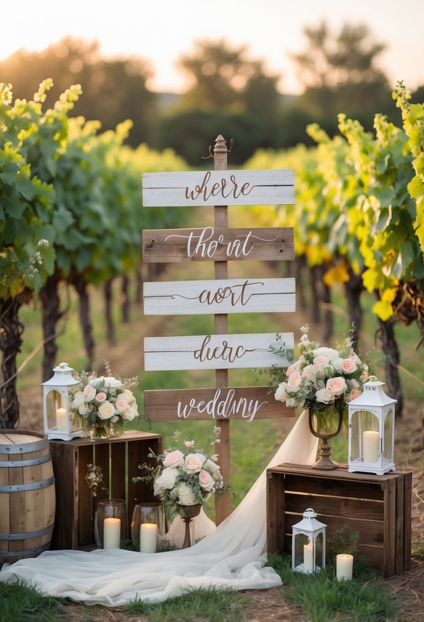 Rustic wooden signs displayed among grapevines with wedding decorations including flowers, lanterns, and candles in an outdoor vineyard setting.