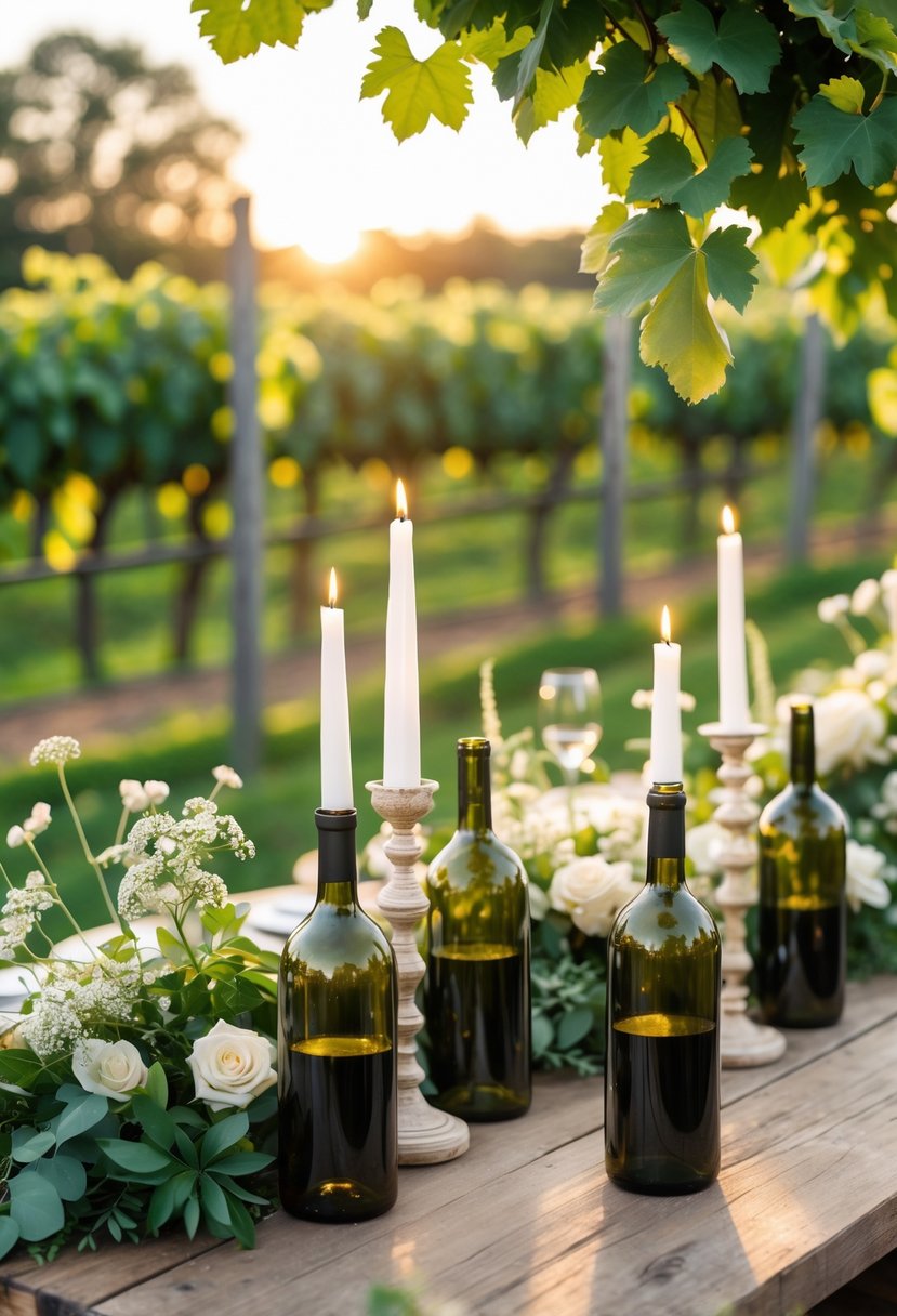 Wine bottles used as candle holders with lit candles on a wooden table decorated with flowers and greenery in a vineyard.