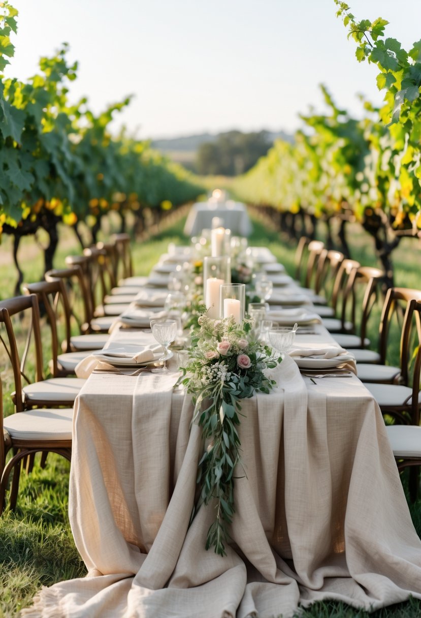 Outdoor vineyard wedding table with neutral linen tablecloths and napkins, decorated with flowers and candles among grapevines.