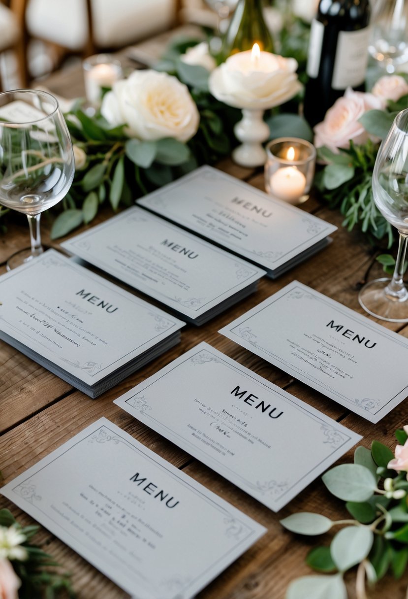 Grey menu cards displayed on a wooden table surrounded by vineyard wedding decorations like flowers, grapevines, and candles.