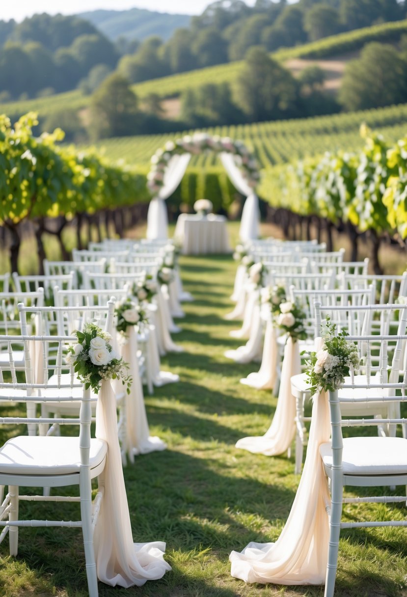 Rows of white Chiavari chairs arranged outdoors in a vineyard setting with grapevines and hills in the background.
