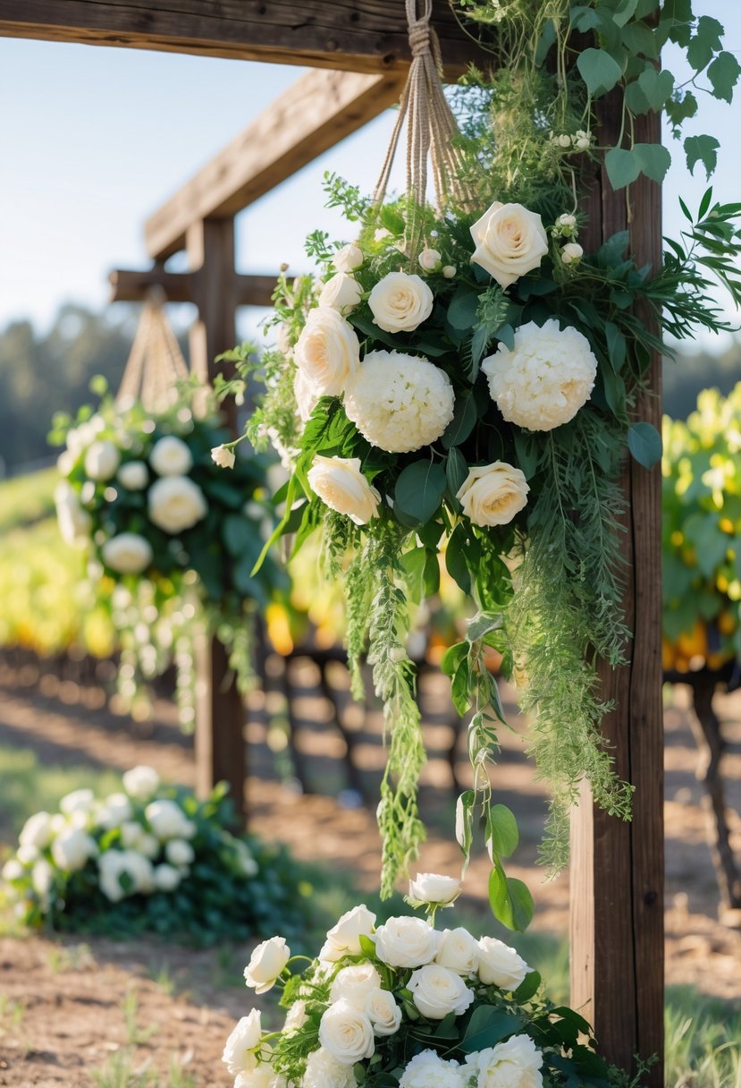 Hanging floral arrangements with greenery and white flowers above a vineyard with grapevines in the background.