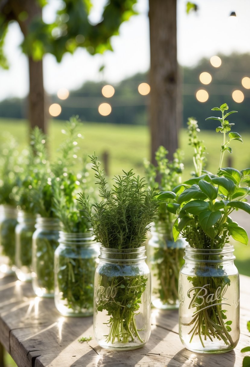 Mason jars filled with fresh green herbs arranged on a wooden table with a vineyard wedding setting in the background.