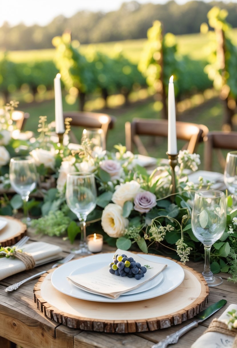 A vineyard wedding table set outdoors with natural wood slice chargers, white plates, floral arrangements, and vineyard-themed decorations.