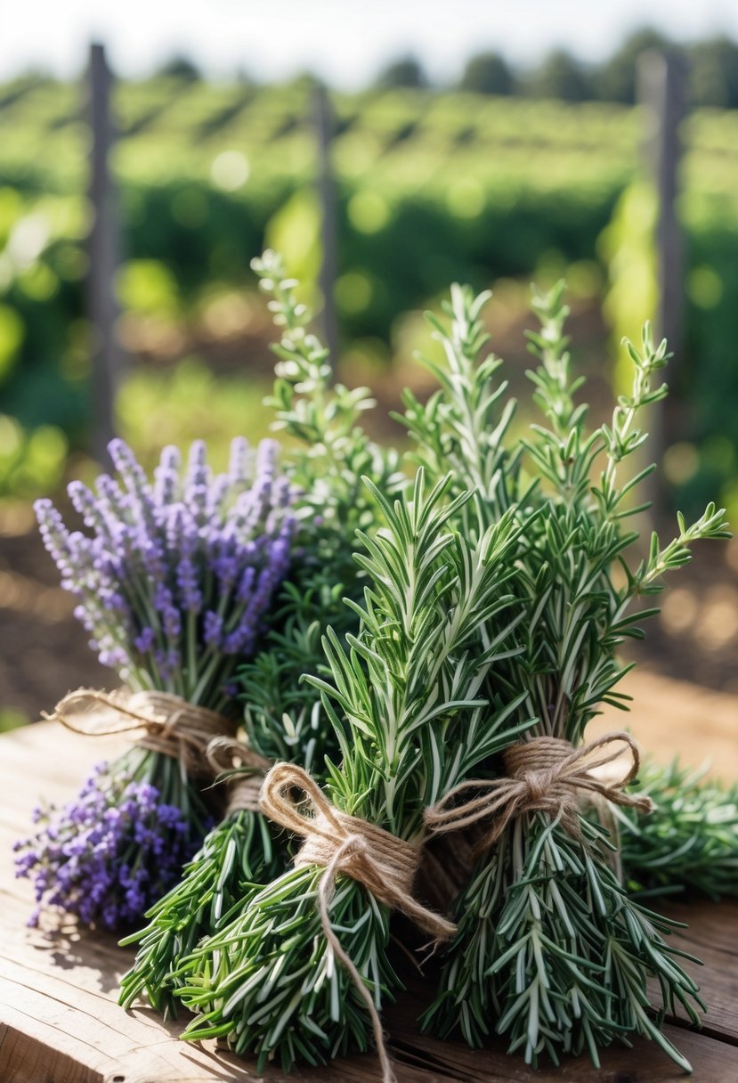 Bundles of lavender and rosemary herbs tied with twine on a wooden table with a vineyard in the background.