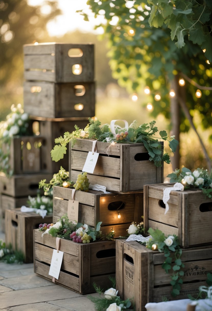 A display of vintage wooden wine crates decorated with grapevine leaves, small flowers, and fairy lights, arranged outdoors for a wedding gift presentation.