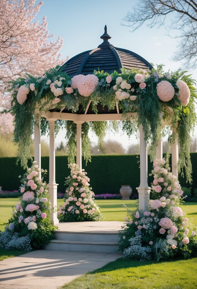 A wedding gazebo decorated with cascading floral garlands and greenery in a garden setting.