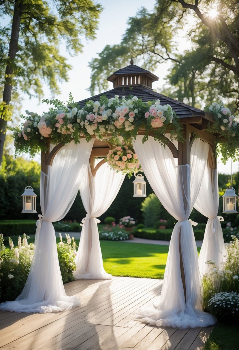 A wedding gazebo decorated with flowing white curtains, flowers, and greenery in a garden setting.