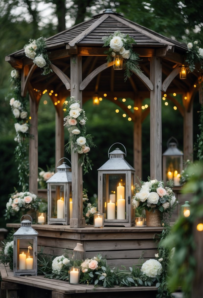 An outdoor wedding gazebo decorated with rustic lanterns holding lit candles surrounded by flowers and greenery.