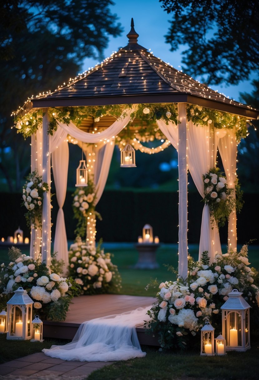 Outdoor wedding gazebo decorated with twinkling fairy lights, flowers, and draped fabrics at twilight.